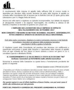 Primo maggio, imprese d’appalto raffineria Eni di Livorno al lavoro: presidio di protesta