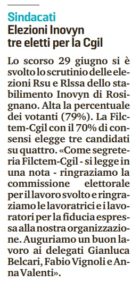 Rosignano, elezioni rsu Inovyn: alla Filctem 3 delegati su 4. Buon lavoro a Belcari, Vignoli e Valenti